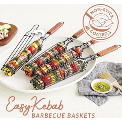 1PCS Kabob Grilling Basket Reusable Durable Anti-Corrosion Wooden Handle Barbecue Tool Grill Basket Grill Net Stainless Steel