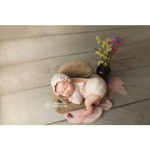 2Pcs Newborn Baby Photography Props Costume Solid Color Long-Sleeves Footed Romper+Knotted Hat Clothing Suit for Baby Girls Boys