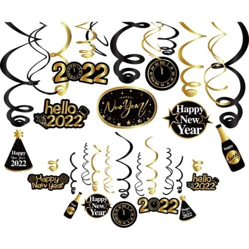 2022 Happy New Year Hanging Swirl Decorations Gold Black Foil Swirls for Ceiling Decorations Xmas New Years Eve Party Supplies