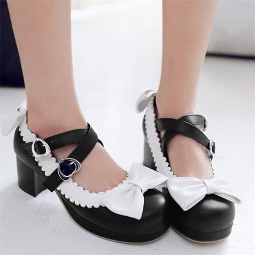 AGODOR New Women Lolita Shoes Platform Spring Block Heels Ankle Strap Pumps with Bow Big Size