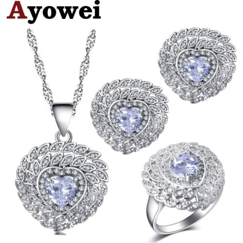 Ayowei For girls white zircon Heart-shaped silver Earrings Necklace pendant Rings Jewelry Sets USA size #6#7#8#9#10 JS725A
