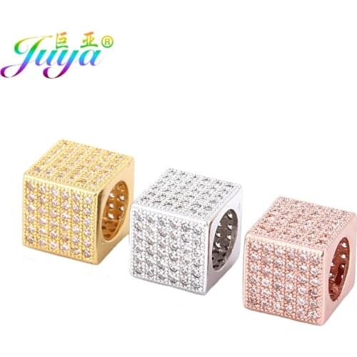 Juya Large Hole Spacer Beads Supplies Micro Pave Zircon Gold/Rose Gold Square Beads For DIY Charm Beads Jewelry Making