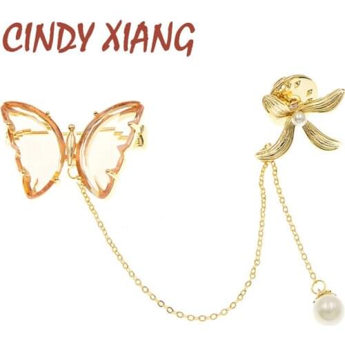 CINDY XIANG Clear Color Crystal Butterfly Collar Brooches For Wome Long Tassel Pearl Pin Brooch Insect Jewelry Winter Accessory