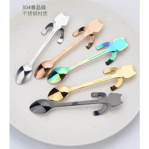 DHL 1000pcs high quality Cute Cat Teaspoons Stainless Steel Cartoon Cat spoons Creative Ice Cream DessertCoffee&Tea Spoon