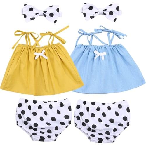 OPPERIAYA 3Pcs Baby Girl Clothing Summer Outfits Sleeveless Self-Tie Strap Tank Tops Polka Dot Bloomers Bow Headband Casual Set