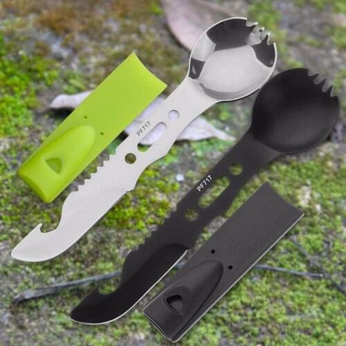 Multifunctional Camping Cookware Spoon Fork Bottle Opener Portable Tool Safety Survival Durable Stainless Steel Kit