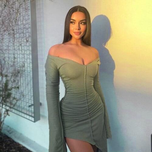 Fashion Long Sleeve Autumn Asymmetrical Bodycon Sexy Dress Elegant Green Casual Womens Dresses for Women 2021 Outfit Mini Dress