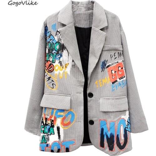 Fashion Korean Ladies Plaid Blazer Long Sleeve Loose Pattern Print Graffiti Suit Coat Jacket Women blazers Female 2020 LT589S50