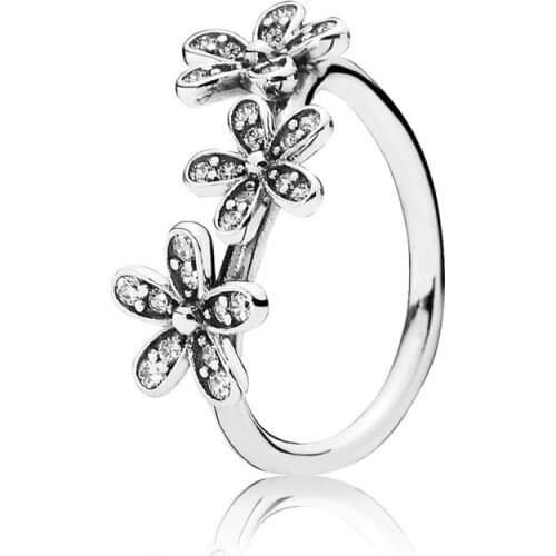 Real 925 Sterling Silver Darling Daisies Three Lucky Petals Ring Clear CZ Jewelry for Women Gift