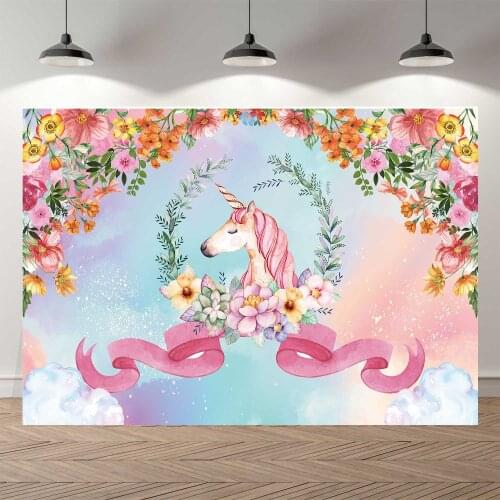 NeoBack Spring Floral Unicorn Ribbon Sky Cloud Photo Backdrop Birthday Photography Background for Children Party Decorations