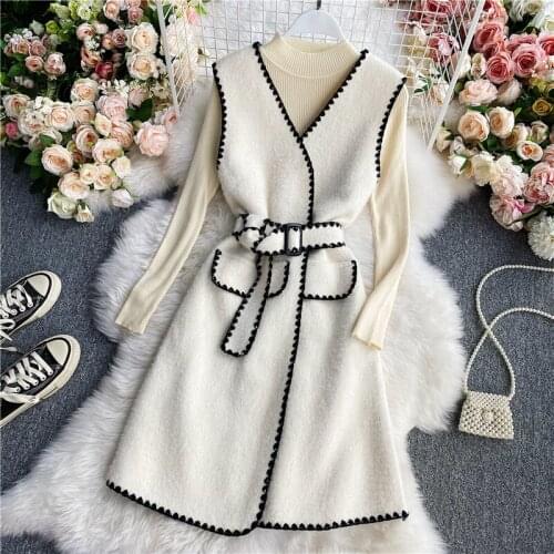 2021 autumn winter new half high neck knitted all-match bottoming shirt mid-length mink fur vest fashion two-piece women s498