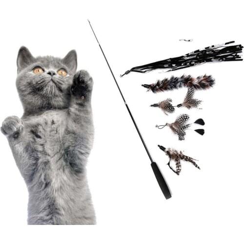 6Pcs/Set Replacement Feather Retractable 3 Section Wand Stick Cat Teaser Catcher Retractable Wand Interactive Toy Pet Supplies
