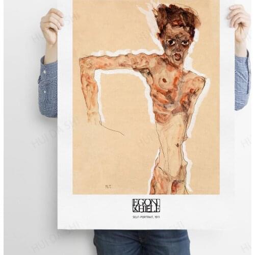 Egon Schiele Print, Art Exhibition Poster, Schiele Self-Portrait, Naked Man Sketch, Vintage Portrait, Line Art Illustration
