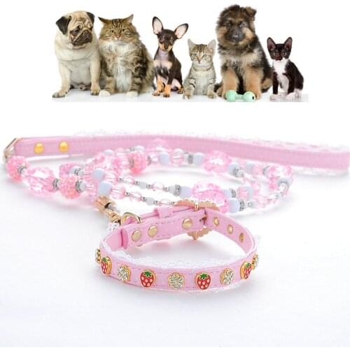 Dog Lead Leashes Cute Bead Flowers Pink Strawberry Dog Collar Set Princess Style Leashes Pet Collar