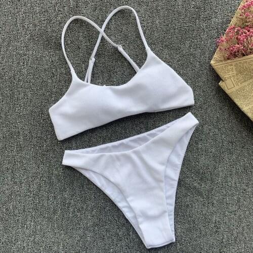 Sexy Micro Bikini 2020 Women Halter Padded Push Up Swimsuit Solid White Brazilian Biquini Backless Beach Bathing Suit Swimwear