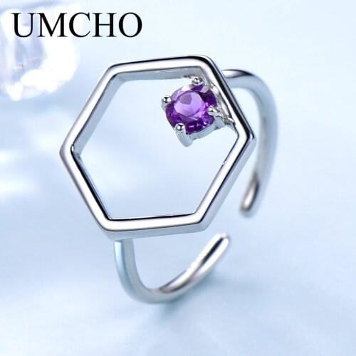 UMCHO Natural Amethyst Gemstone Stone 925 Sterling Silver Adjustable Rings For Women Wedding Party Gift Band Fine Jewelry