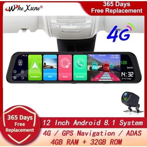 WHEXUNE New 12-In 4G Android 8.1 Car Dvr Dash Cam Front and Rear FHD 1080P Rearview Mirror 4+32G WiFi GPS ADAS Auto Video Record