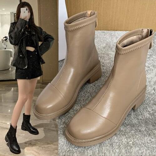Shoes Lady Boots Round Toe Luxury Designer Boots-Women Fashion 2021 Mid Calf Rubber Mid-Calf Rock Autumn Low Flock Lace-Up Cott