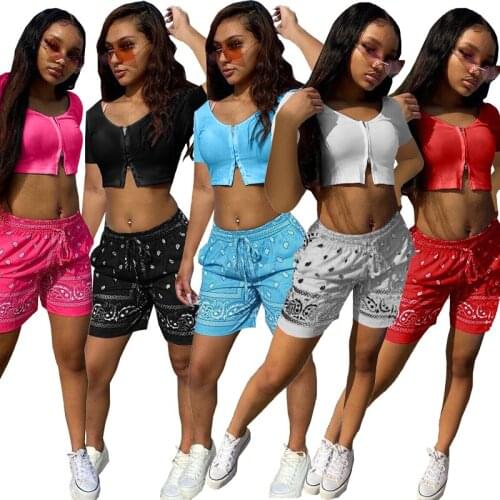 Cashew Print Short Sets Zipper Sexy Crop Top and Drawstring Biker Shorts Two Piece Sets Women Outfits Street Hipster Hip Hop