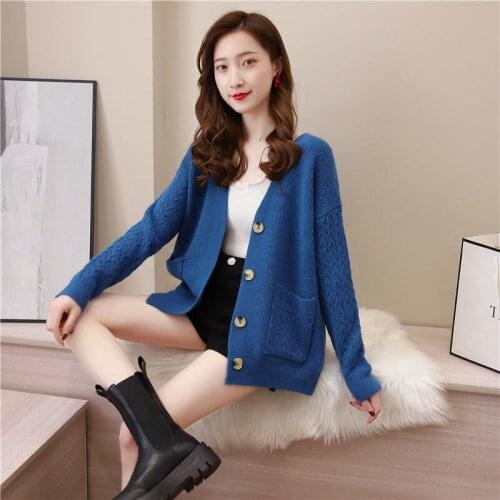 2021 Spring Autumn New Womens Solid Color Knit Short Coats Female Loose Sweater Jacket Ladies Long Sleeve Cardigan Outwear Y471