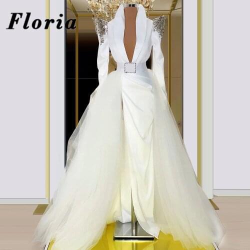 Abendkleider Long Sleeves Beaded Evening Dress Dubai Arabic Two Piece V Neck Formal Prom Dresses Robe De Soiree 2020 Party Gowns