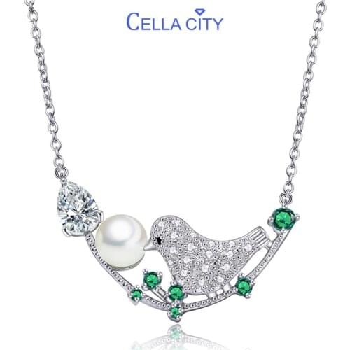 Cellacity Water Drop Shaped AAA Zircon Silver 925 Jewelry Pearl Necklace for Women Gemstones Emerald Neck Ornament Bird Branch