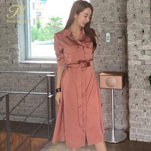 H Han Queen Autumn Lace-up Shirt Dress Women Mid-calf Work Party Casual Dresses Korean Slim Simple Wear A-line Vestidos 2020