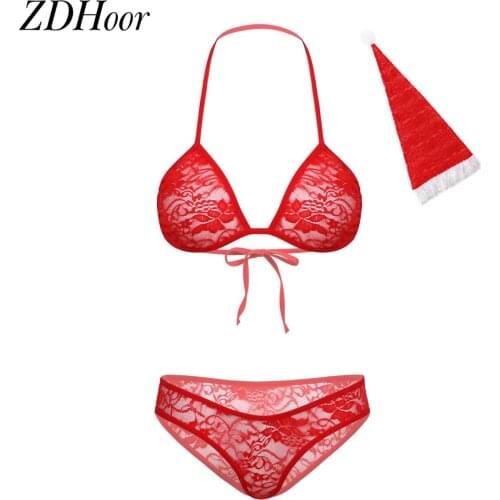 Women Sexy Christmas Lace Lingerie Set See-through Exotic Babydoll Underwear Sleepwear Wireless Bra Top Low Rise Briefs with Hat