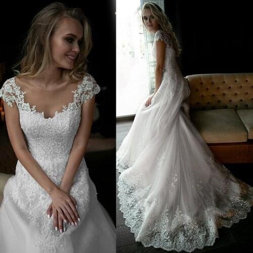 Fabulous Tulle Jewel Neckline A-line Wedding Dresses With Beaded Lace Appliques Sexy Simple Bridal Dress vestidos casamento
