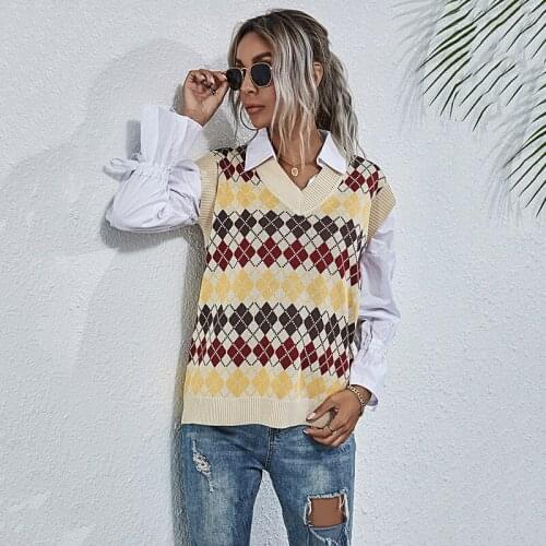 New Sweater Vest Women Knitted V-Neck Sweater Vest 2021 Spring Summer Female Fashion Apricot Pullover Rhomboid Jacquard Vest