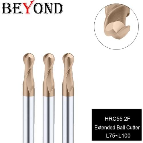 BEYOND HRC55 2F Lengthen Ball Milling Cutter Tungsten Steel End Mill Woodworking Tools Carbide CNC Center Milling Tools