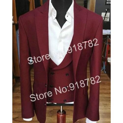 Burgundy Men Suits For Wedding Groom Suit Peaked Lapel Double Breasted Vest 3 Piece Suit Men Slim Fit Costume Homme Mariage
