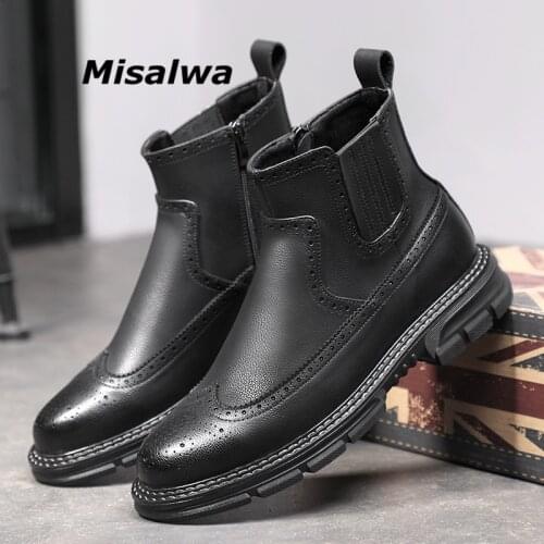 Misalwa Cow Split Leather Men Boots Winter/ Spring Brogue Platform Casual Boots Zip Military Security Guard Mens Chelsea Boots