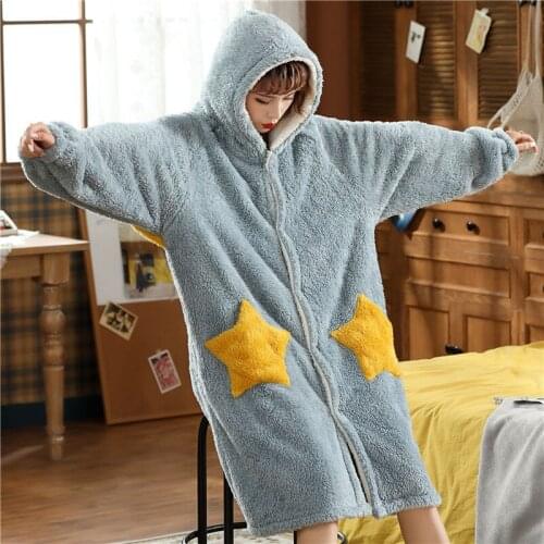 Flannel Women Hooded Bathrobe Thick Warm Cartoon Animal Female Sleep Robe Autumn Winter Lady Nightgown Pajama
