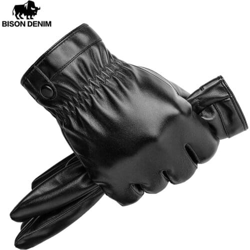 BISON DENIM Mens Autumn Winter Warm Gloves PU Leather Touch Screen Gloves for Men Fashion Windeproof Warm Gloves S022
