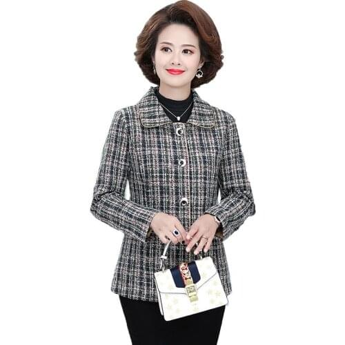 2020 New Womens Woolen Coat Middle-aged Elderly Mother Short Jacket Spring Autumn Plaid Casual Outwear Female Tops 5XL W251