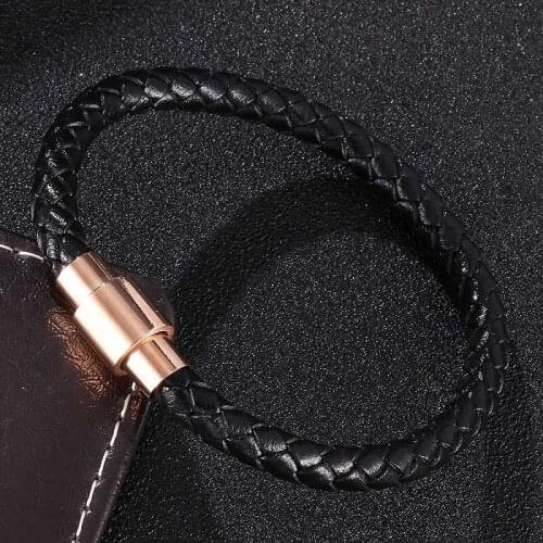 Rose Gold Colors Magnetic Buckle Black Leather Braided Women Men Bracelet Bangles Trend Unisex Wrist Band Jewelry Gifts ST0040