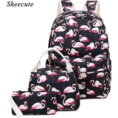 Flamingo Backpack Three-piece Nylon Waterproof Large-capacity Women Backpack Fashion Childrens School Bags for Girl Teenagers