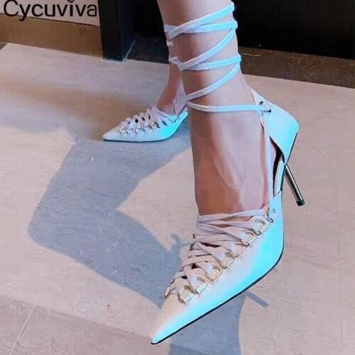 Sexy High Heel Gladiator Sandals Metal Heels Pumps Women Pointy Toe Lace Up Party Shoes Woman Designer Sandalias Mujer 2021