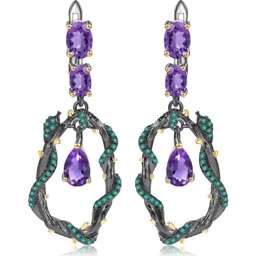 GEMS BALLET 4.34Ct Natural Amethyst Gemstone Earrings Handmade 925 Sterling Silver Branch Snake Drop Earrings for Women Bijoux