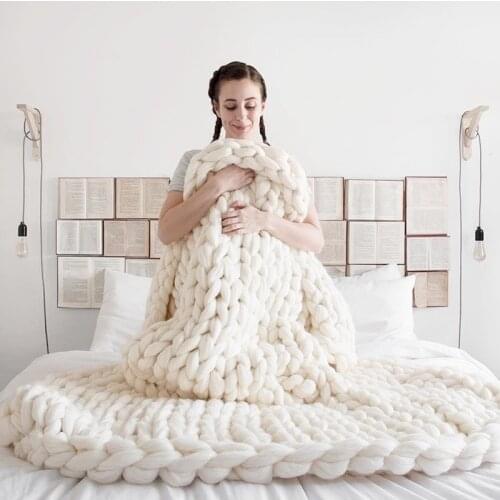 Thick Yarn Merino Wool Bulky Throw Nordic Hand Chunky Knitting Blanket 200x200cm Knitted Blankets on the beds DropShipping