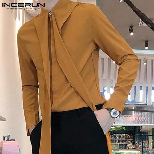 INCERUN TOP 2021 Handsome New Tie Blouse Men Fashion Stylish Long-sleeve Autumn Casual Creative Personality Streamer Shirt S-5XL