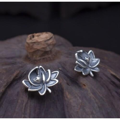 Vintage lotus Chinese ethnic earrings woman 100% 925 Sterling silver Jewelry fashion Hypoallergenic Stud earrings for women gift