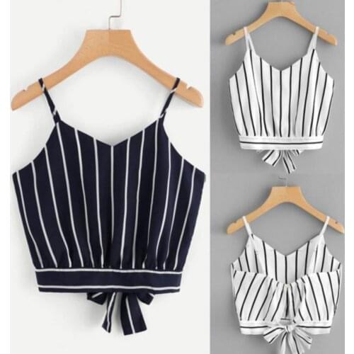 2021 Women Shirt Crop Top Summer Sexy Fashion Vest Bow Womens Self Tie Back V Neck Striped Crop Cami Top Camisole