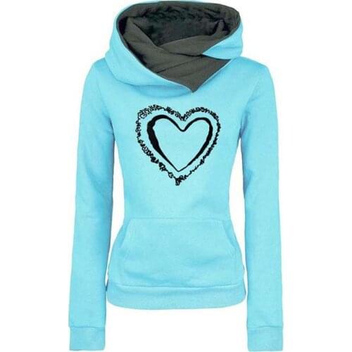 2021 Autumn Long Sleeve Hooded Sweatshirt Women Heart Pattern Print Pocket Hoodies Female Simplicity Pullover Sweatshirts
