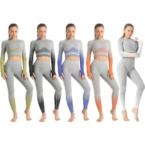 Women Seamless Knitted Workout Set Long Sleeve Thumb Hole Crop Top High Waist Butt Lift Leggings Stripes Tracksuit