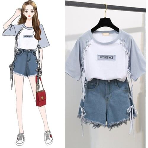 2020 Summer Girl Leisure tether Print Cotton T-shirt + Cross tie Letter Hole Tassel Denim Shorts Two-piece Womens Sweet Suit
