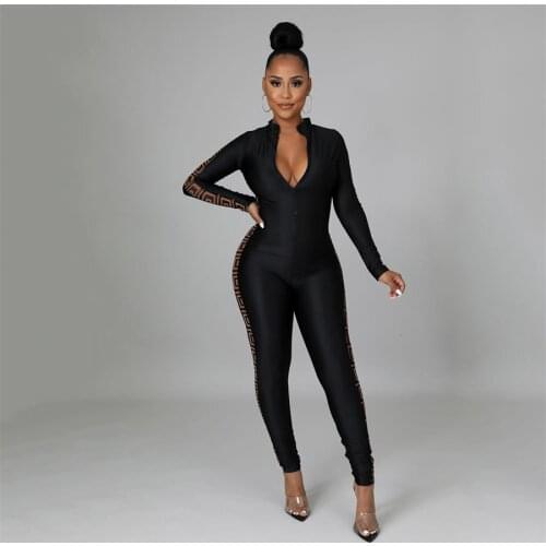 European Style Letter Print Jumpsuit Women Long Sleeve Skinny Bodysuit Women One Piece Overalls Clubwear 6132
