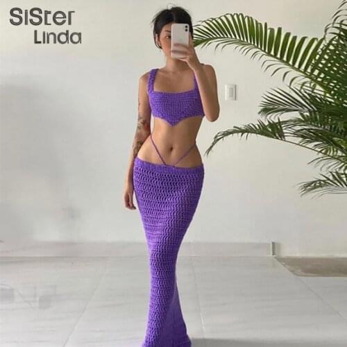 Sisterlinda Sexy Knit Party Women Two Piece Sets Hollow Out Camisole Tank Top+Lace Up Skirts Clubwear Female Y2K Beach Wear 2021
