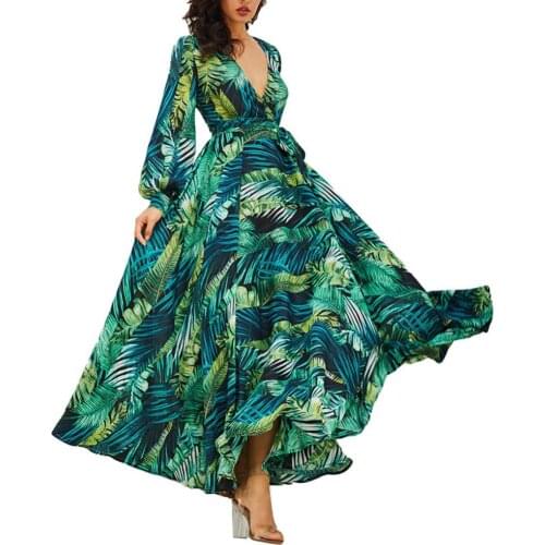 Summer dress Plus Size Bohemia Beach Women Leaves Print V Neck Long Lantern Sleeve Maxi Dress robe femme Womens Clothing 2021